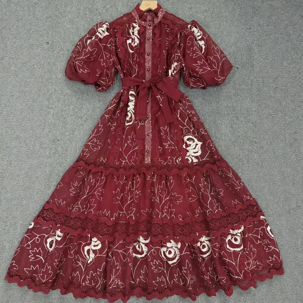 Lace Stand Collar Embroidered Patchwork Puff Sleeve Dress