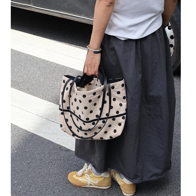 2026 Women's Polka Dot Cotton Linen Tote Bag - Large Capacity, Versatile Shoulder Handbag