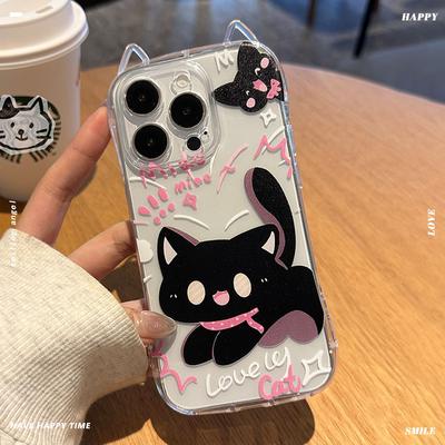 Anwendbar auf iPhone16 Transparente Niedliche Schwarze Katze Handyhülle Apple 13pro Cartoon Kätzchen Armband Schutzhülle