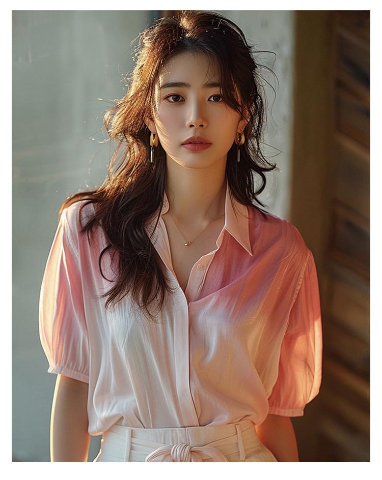 2025 New Unique and Beautiful Design Sense Summer Pink and White Gradually Changing Color Shirt for Women's Niche Age Reducing Top