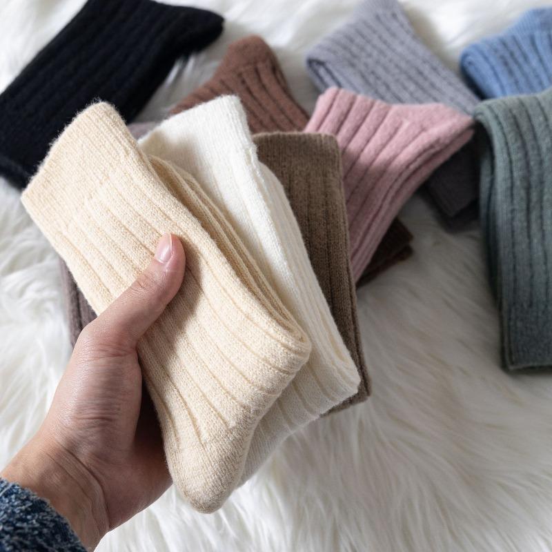 Children's Winter Thick and Warm Wool Socks with Vertical Stripes, Versatile and Plain Color, Pile-up Socks, Double-needle Thick Yarn, Long Socks