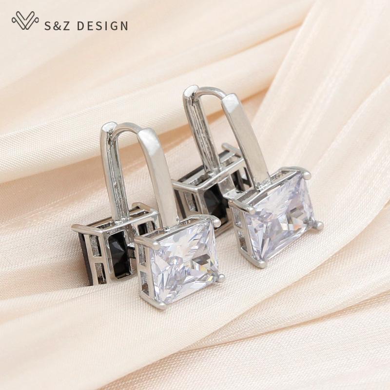 Fashion Double Sided Rectangle Cubic Zirconia Drop Earrings For Women Wedding Elegant Trendy Jewelry Gift