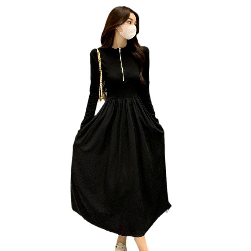 Black Long-sleeved Dress Women's Autumn New Niche Half-zipper Waist Thin Medium and Long Skirt
