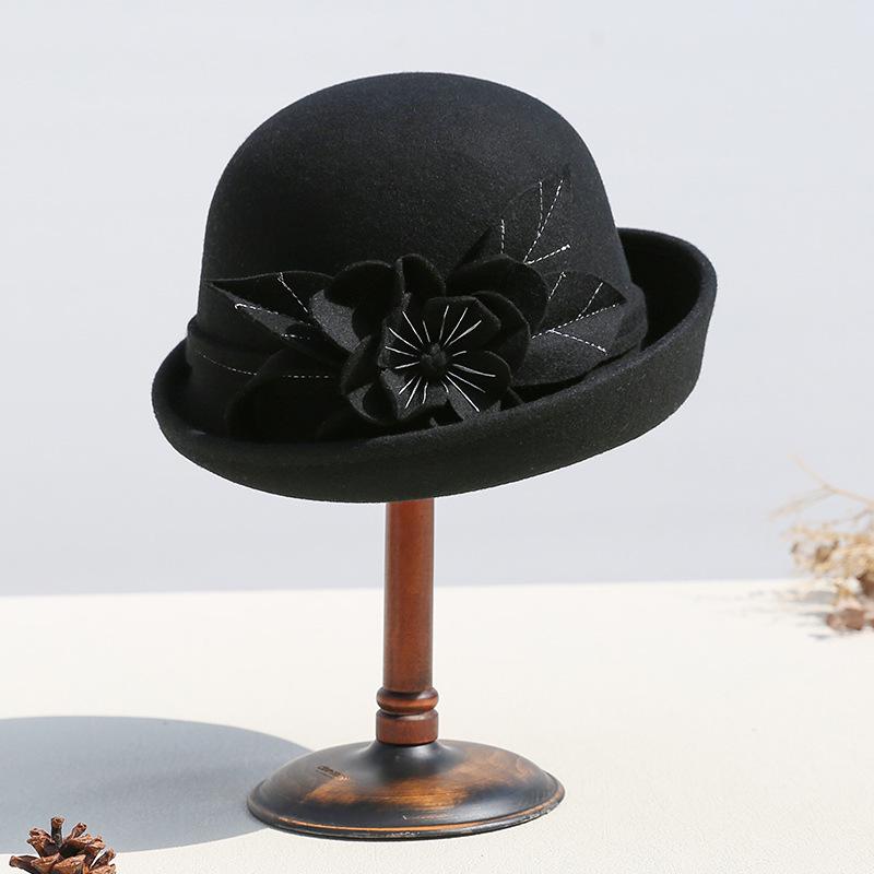 Women's Retro Wool Felt Bucket Hat - Elegant Folded Brim for Autumn/Winter