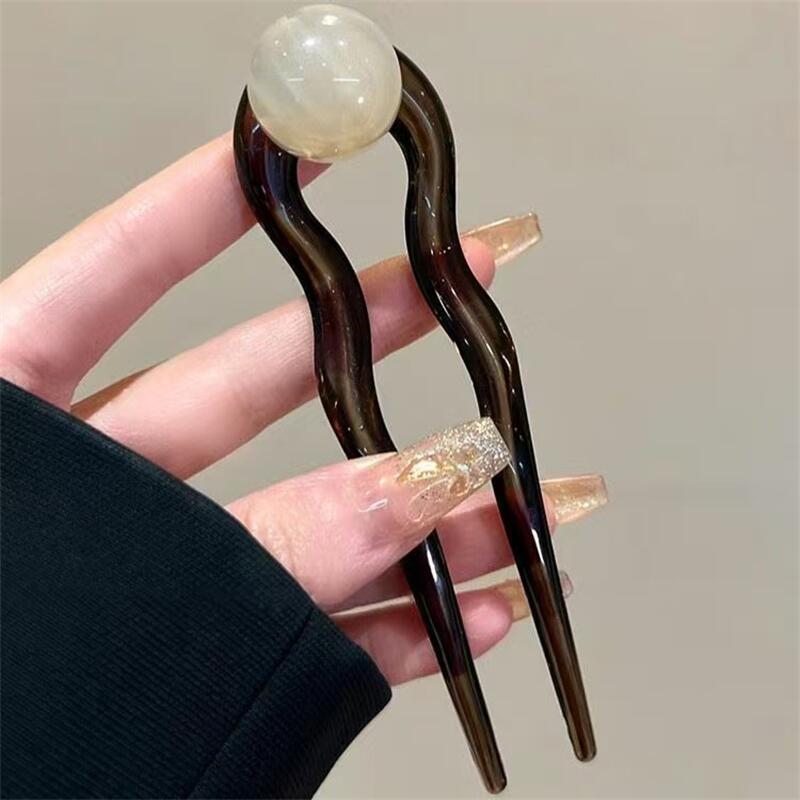 

U-Shaped Bead Hair Sticks Chinese Style Retro Hair Fork Headwear Sweet Trendy Acrylic Hairpin for Women Girls Hair Accessories бежевый