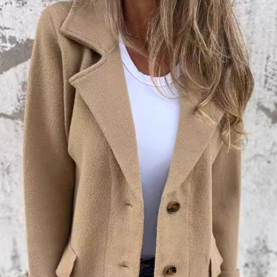 Fall Winter Women Jacket Turn-down Collar Mid Length Single-breasted Solid Color Fake Pockets