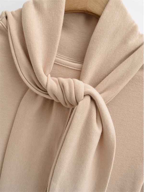 2026 Spring Korean Style Elegant Lace-up Faux Cashmere Long Sleeve Women's Top with Scarf