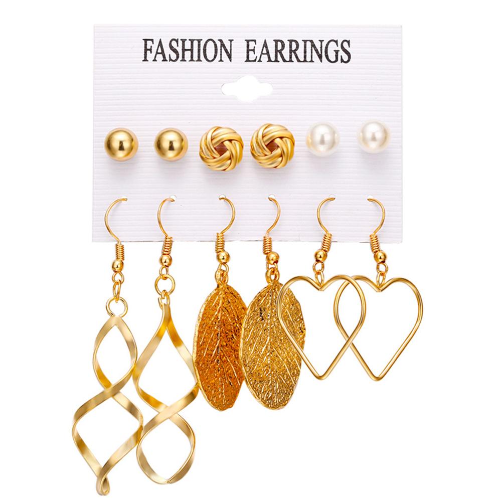 

6pairs/set Women Stylish Leaf Pearl Tassel Earrings Set Gold #1