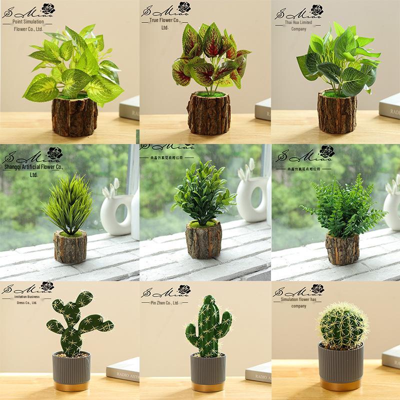 Creative Wooden Basin with Artificial Green Plant Bonsai Ornament for Display and Decoration.