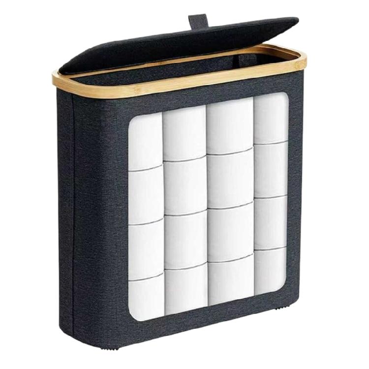 

Space Saving Tissue Holder With Bamboos Lid Toilet Roll Dispenser Foldable Basket Organiser for Bathroom чорний