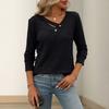 Women's Fashionable Solid Color V Neck Button Long Sleeved Loose Pullover T-shirt Top