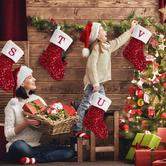 

Рождественский чулок ручной вязки с вышитыми буквами, уникальный блестящий дизайн, большой размер, рождественские украшения, чулок