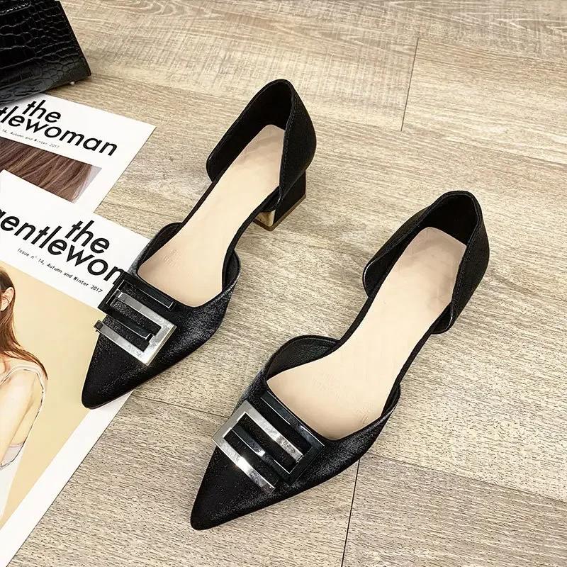 Fashion Women's Spring and Summer New Pointy High Heels Metal Buckle Wine Red Light Mouth Thick Wedding Shoes