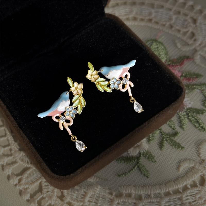 Bird Flower Earrings with Geometric Details Metal Construction Statement Ear Jewelry Suitable for Long Lasting Shine