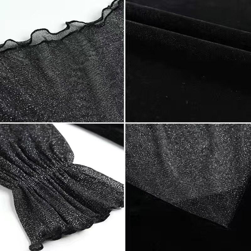 Síťovaný sametový top jarní a podzimní francouzský styl High-end nabírané rukávy s odhaleným límcem duté košile dámské