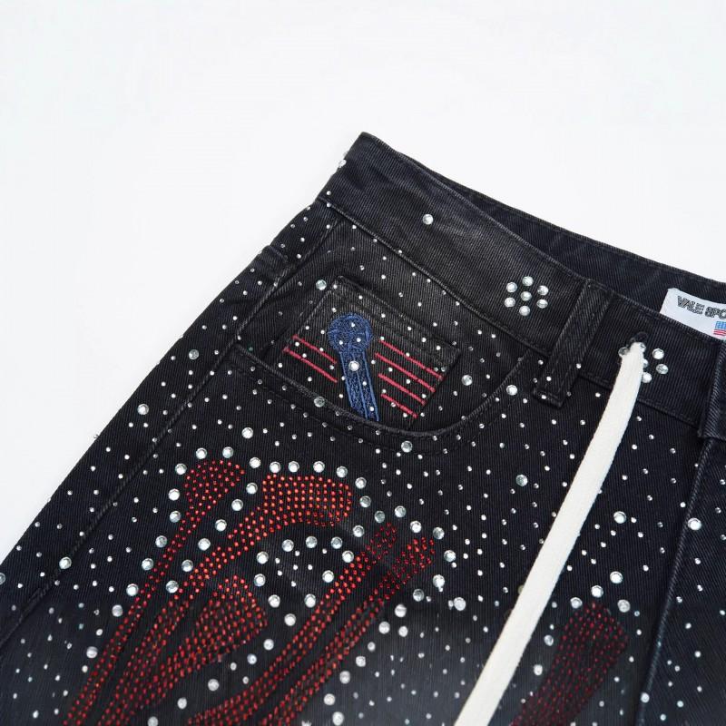 Mens Classic Loose Fit Denim Jeans With All-Over Print Rhinestone Embellishment Straight Cut Casual Streetwear