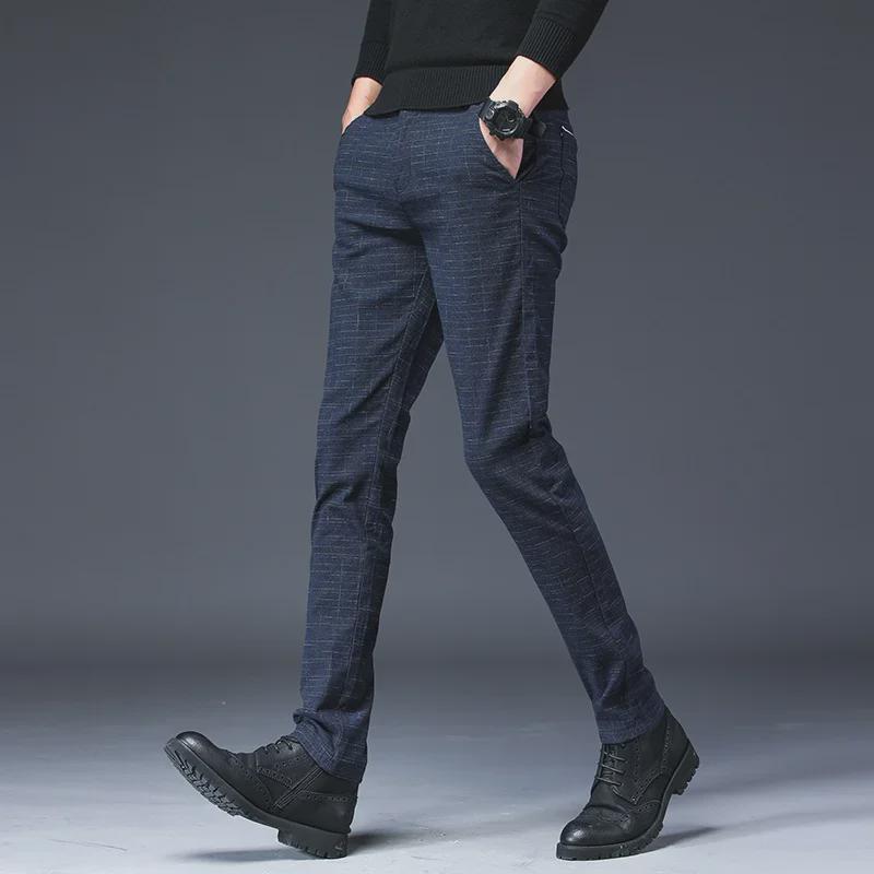 Men's Slim-Fit Black Plaid Cotton-Linen Autumn Casual Waffle Trousers