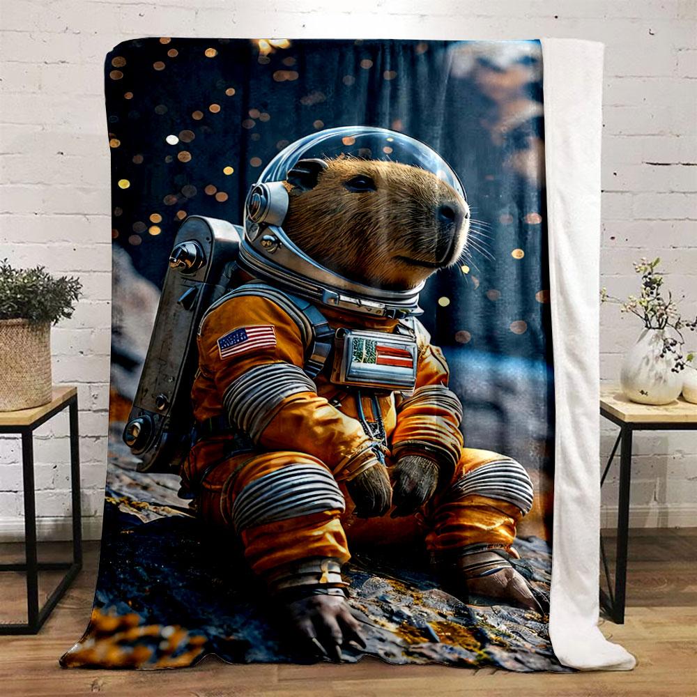 Capybara In a Bright Astronaut Suit with Stars and Planets In the Background. for All Seasons Blanket Lunch Break Throw Gift