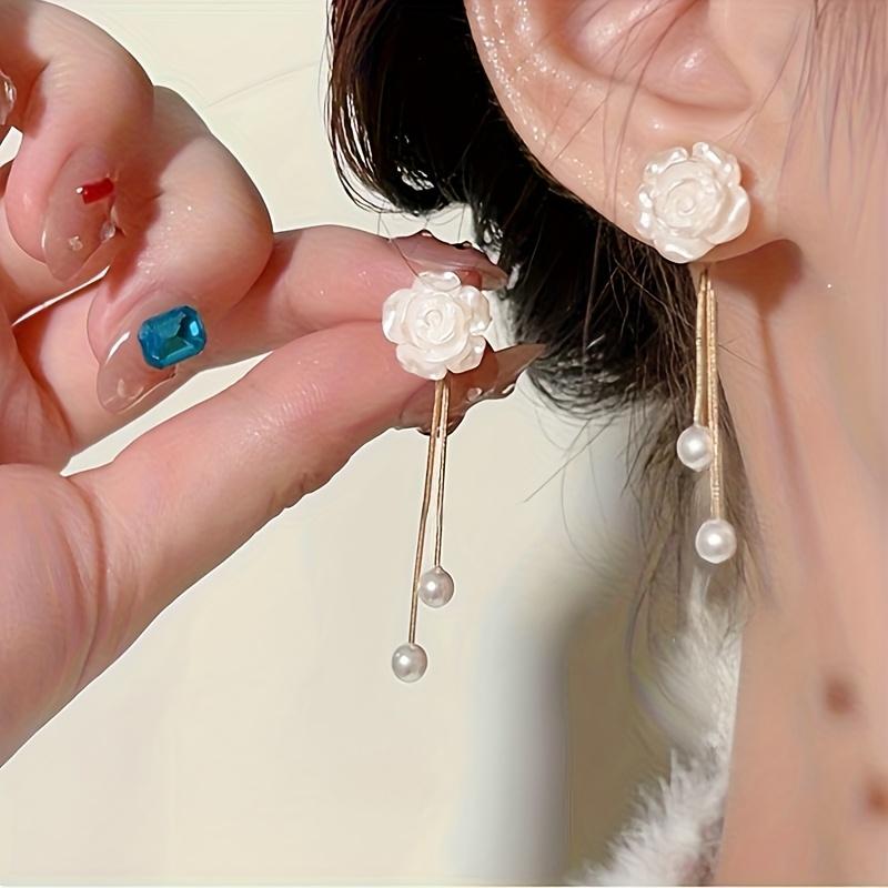 1 Pair Elegant Luxury Floral Stud Earrings with Faux & Rhinestone Tassels, Copper Base & 925 Sterling Silver Posts, Perfect for Women'S Fashion