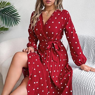 Herbst Winter Frauen Langarm Dot Plissee Hohe Taille A Linie Langes Kleid