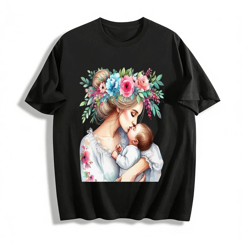 Mother And Baby Kissing Print Top Warm Family Themed Casual T-shirt Pure cotton T-shirt XXS