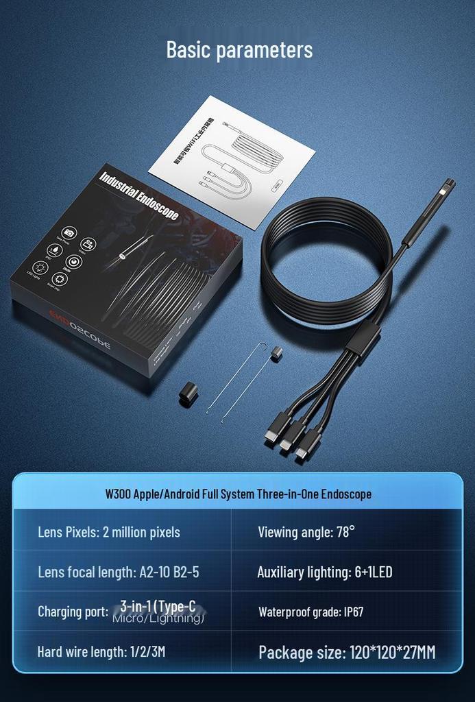 Wasserdichtes HD Drei-in-Eins Industrie-Endoskop für Android & Apple Geräte