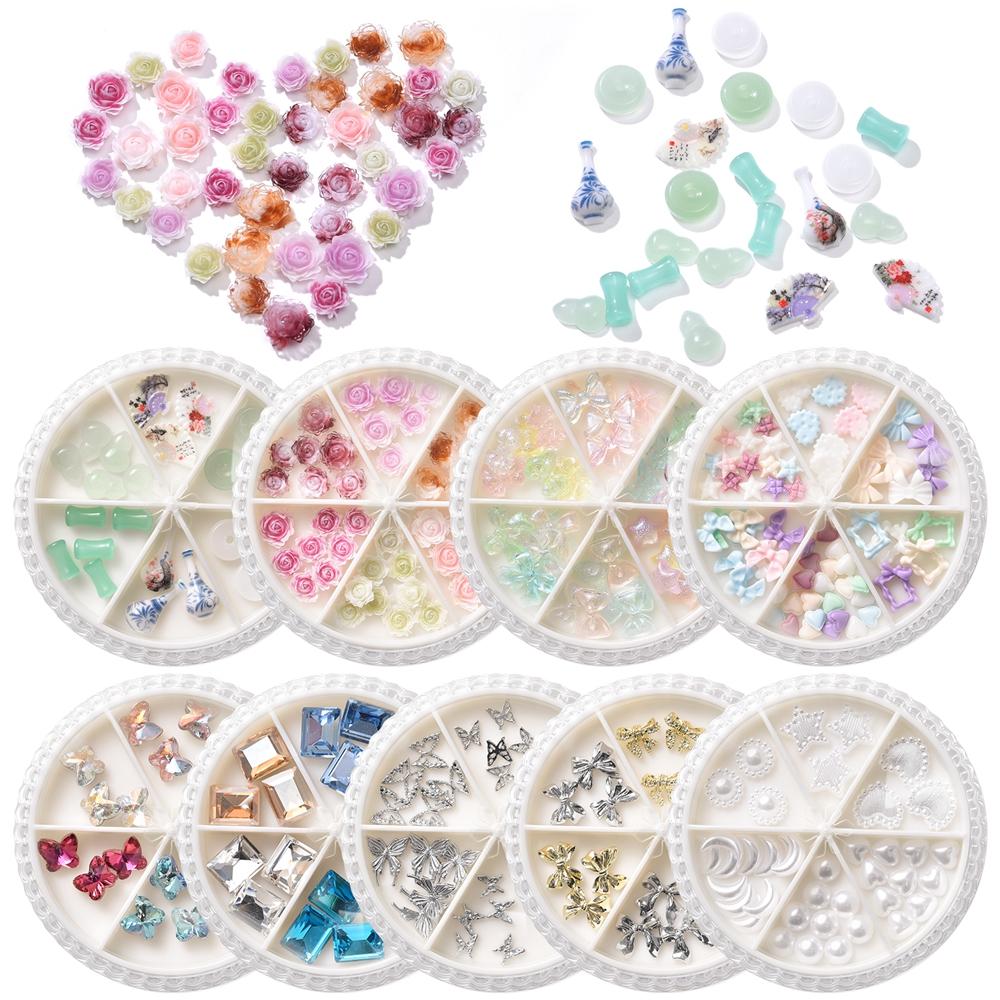 1Box Mixed 3D Nail Charms Resin Bowknot Leaf Pearl Nail Art Decorations DIY Manicure Tools Parts Nail Accessories Boxed