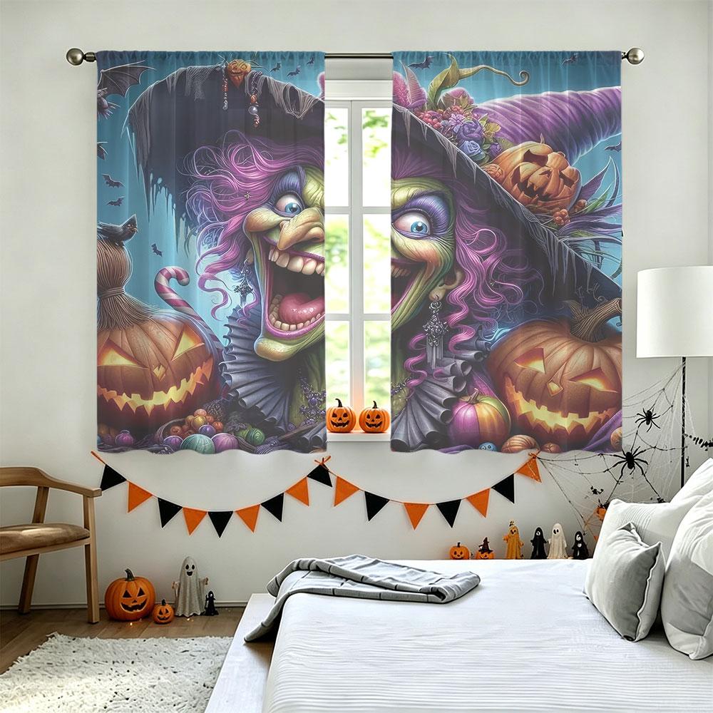 2 Stück Halloween Lustige Hexe Kürbis Druck Stangentasche Vorhänge, Lichtblockierende Sichtschutz Fenster Vorhänge Für Wohnzimmer Schlafzimmer,