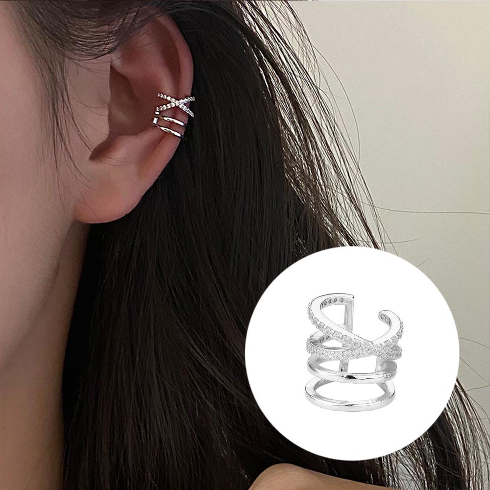 Luxurious Zircon Wave Cross Non-Pierced Ear Clips with Full Diamond Design for Women