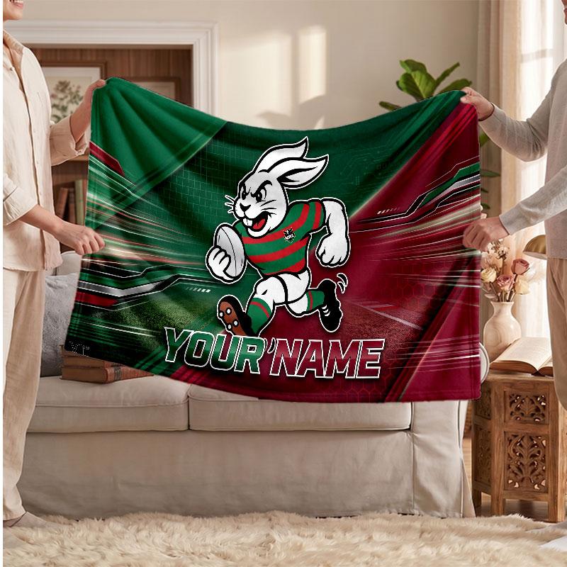 Coperta di Flanella South Sydney Rabbitohs, Testo Nome Personalizzato Morbida Coperta da Divano Decorazione per la Casa Regalo