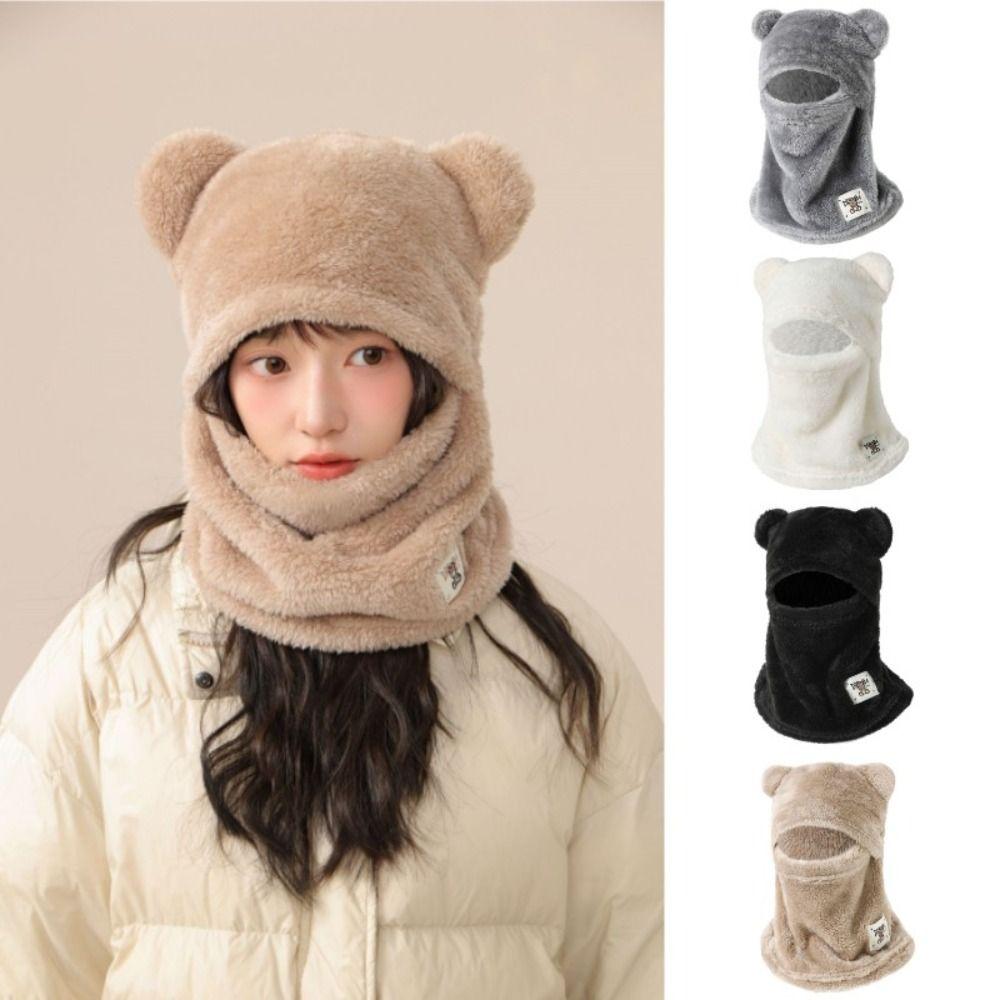 

Cute Bear Ear Protection Hat One Piece Set Pullover Hat New Hat Scarf Winter Black A
