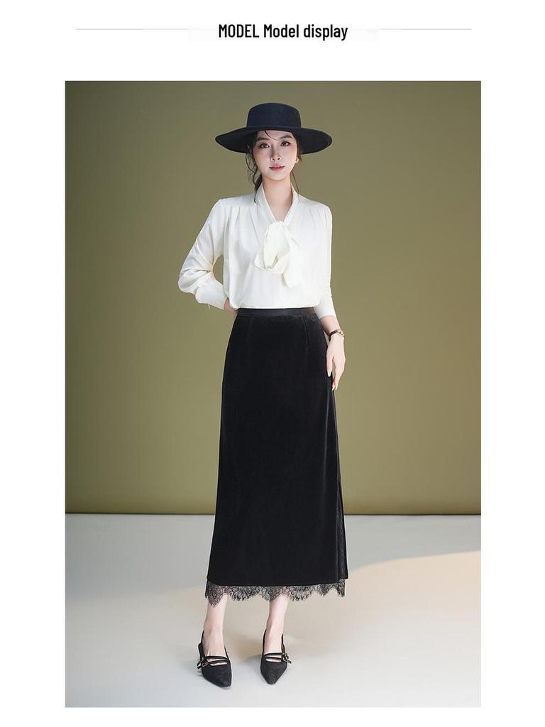 Elegant Velvet Lace Trim High-Waisted Slit Tube Pencil Skirt