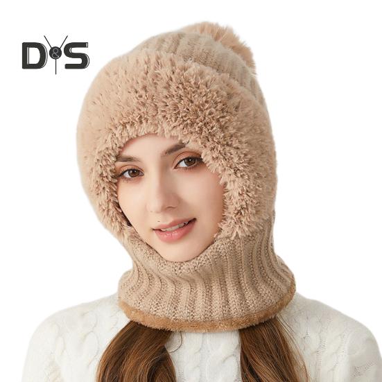 

Женская зимняя шапка со встроенным шарфом, толстая теплая плюшевая подкладка, трикотажная ветрозащитная, высокоэластичная, полная защита, для путешествий на открытом воздухе в холодную погоду хаки