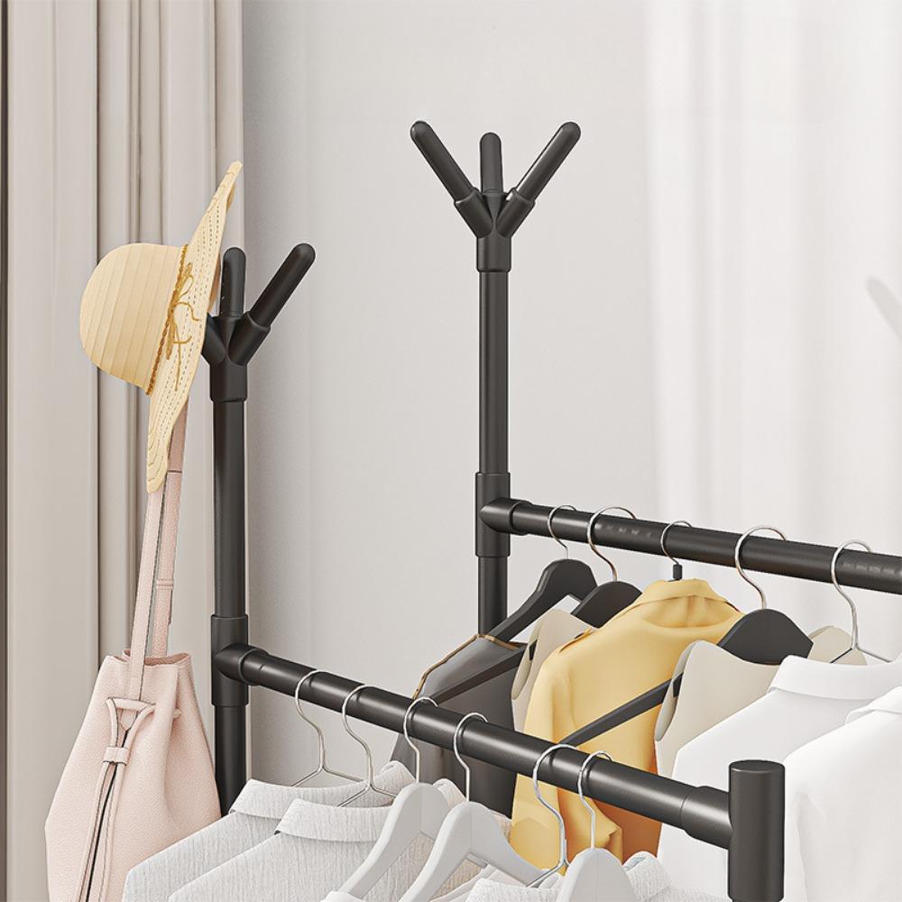 Multifunctional Bedroom Storage Racks Movable Double Rod Clothes Rack Telescopic Floor Hangers Wheeled Shoe Hat Hanger For Door