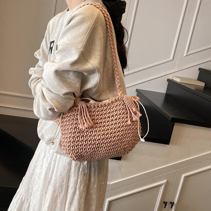 Summer Woven Bucket Bag New Women's Fashion Literary and Fresh Shoulder Bag Niche Pumping Belt Small Bag