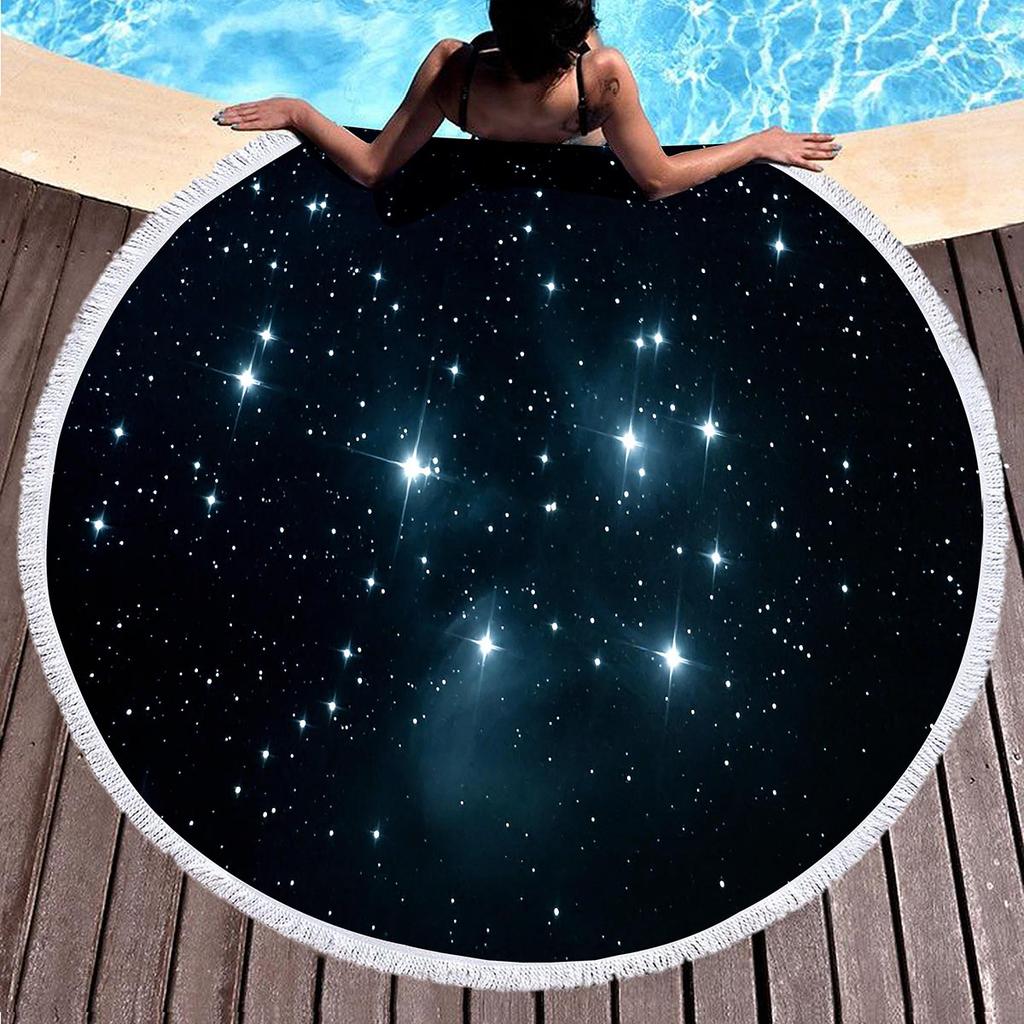 Starry Sky Galaxy Print Round Beach Towel with Tassels,Microfiber Beach Blanket,Absorbent Quick Dry Swim Pool Towel Picnic Mat