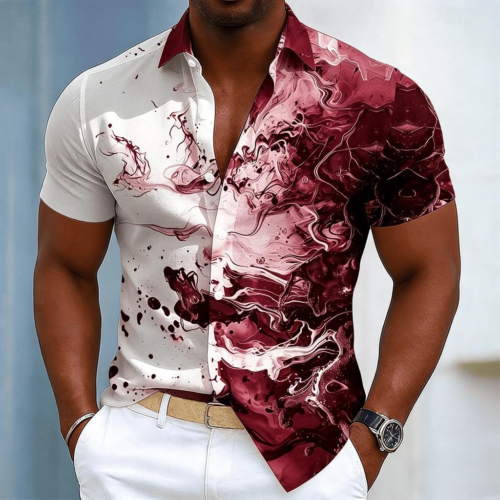 Abstracte Inktspat Korte Mouw Shirt, Stijlvol Casual Knopen Shirt Voor Mannen