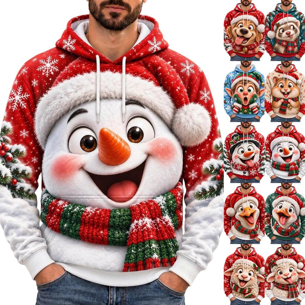 Men's Casual Loose Fit Hooded Long Sleeve Top with Christmas Print for Holiday Parties
