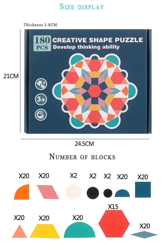 Joc Wooden Tangram Puzzle 180 Pieces, Montessori Educational Toys for Kids Ages 3+, Brain Teaser Puzzle Blocks