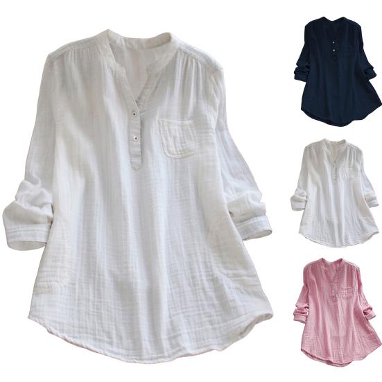 Woman Shirt Semi-open V Neck Buttons Placket Long Sleeves Pullover Casual Wear Solid Color Top Blouse Summer Casual Loose T-shirt Commuter Clothes