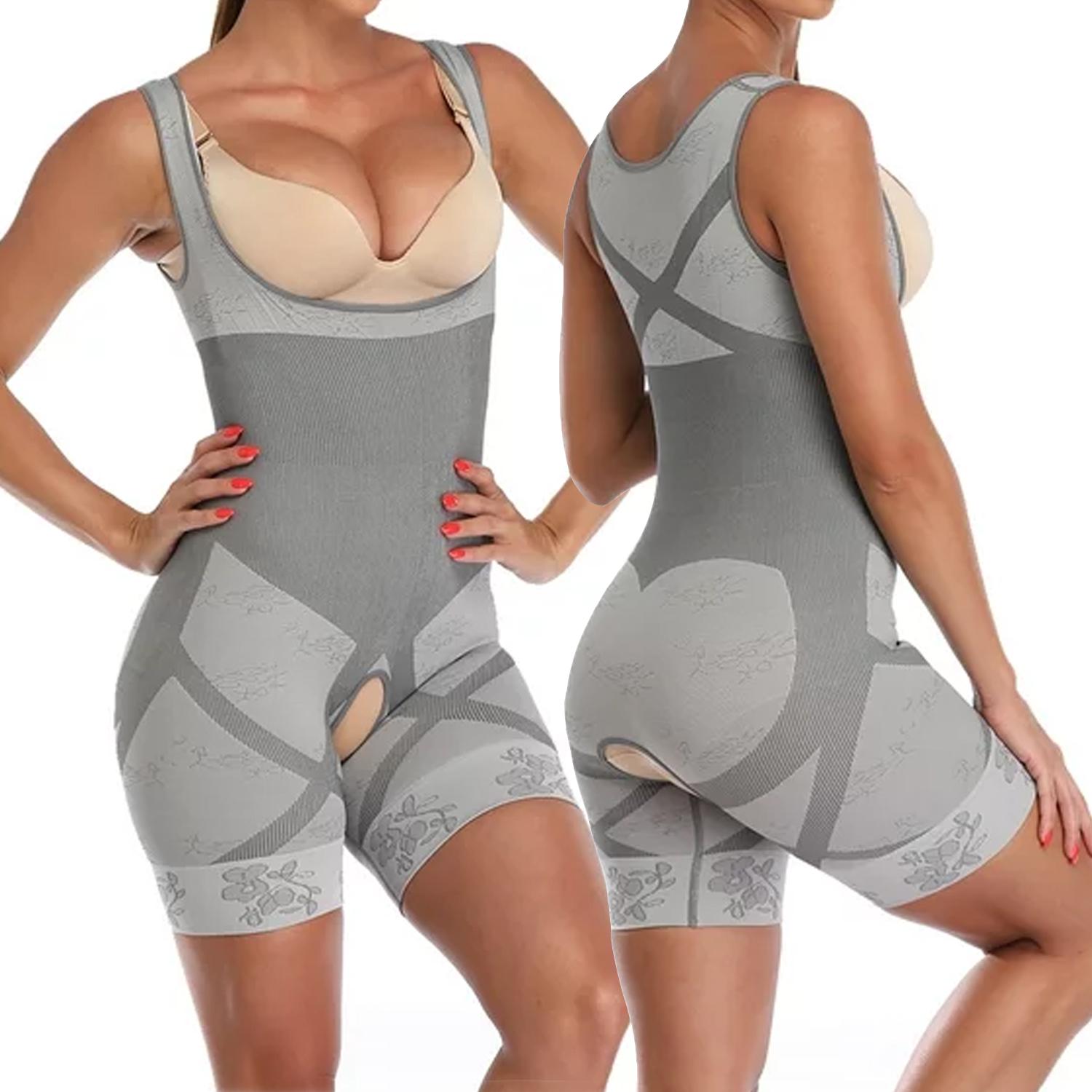 

Женское корректирующее белье для живота, бесшовное, для всего тела, корректирующее белье для похудения, цельное боди с открытым шаговым швом 2XL/3XL серый