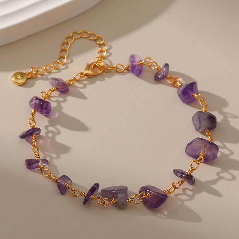 Copper 18k Gold Plated Irregular Purple Crystal Gravel Adjustable Women Bracelet