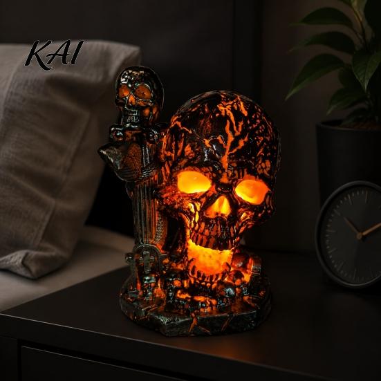 Handcrafted Resin Lamp Skull Table Lamp, Halloween Glowing Skeleton Figurine, Gothic Ambient Night Light for Mantel Shelf Party Home Decor