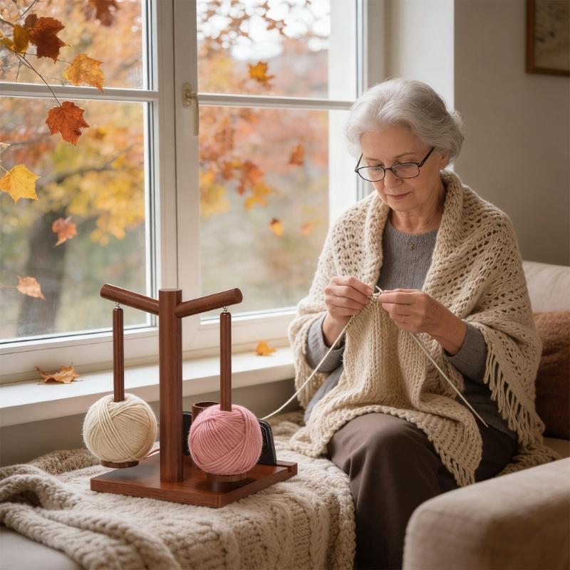 Natural Wood Craft Organizers With Mobile Device Mount Two Spindles For Knitting Crochet And Home Decoration