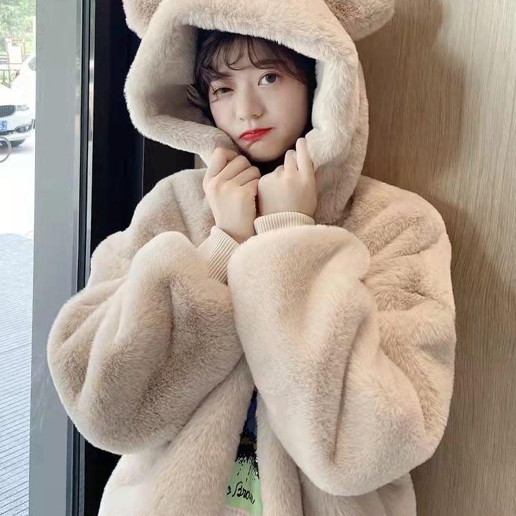 

Новое пальто с леопардовым принтом, свободное, с капюшоном в виде медвежьих ушек, утолщенное пальто из искусственного меха, женская зимняя одежда L