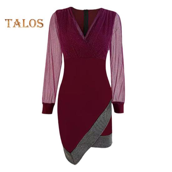 Damen Frühlings-/Herbstkleid, V-Ausschnitt, Laternenärmel, unregelmäßiger Saum, durchsichtiges Netz, Pailletten, Patchwork, Etuikleid über dem Knie, Abschlussball, Party, Minikleid