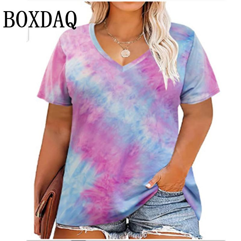 

Trendy Plus Size Women s Tie-Dye V-Neck T-Shirt Fashion Short Sleeve Loose Pullover Tops For Casual Summer Wear Large Size Tees S