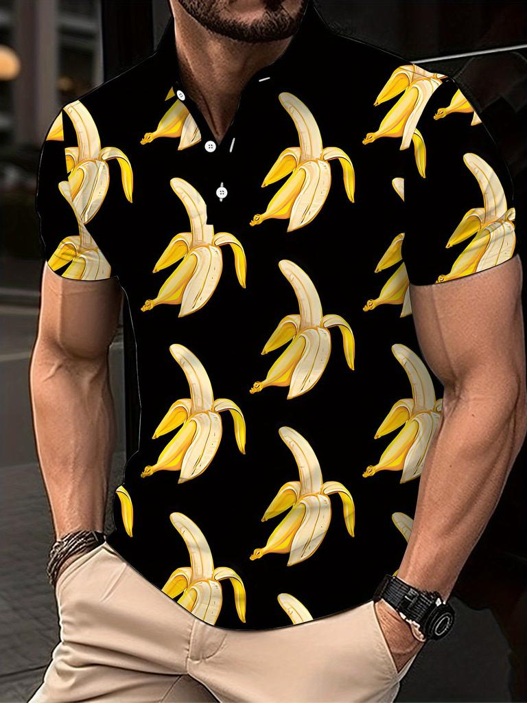Printed Design – Not Textured Men's Short-Sleeve Polo Fashion Golf Black and Yellow Cartoon-Style Banana Pattern T-Shirt, Casual Men's Top, Summer