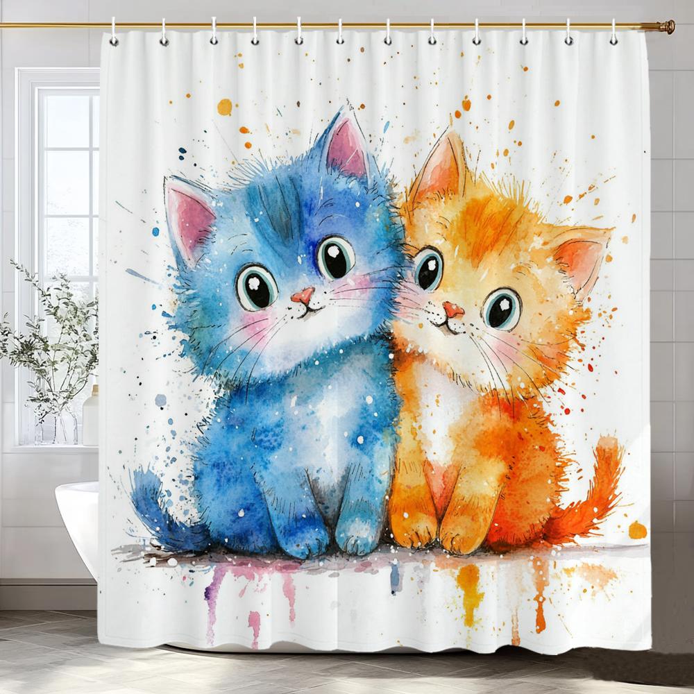Funny Cat Shower Curtain Cat Riding Shark Dinosaur Flower Floral Polyester Bathtub Curtain Space Planet Bathroom Decor with Hook