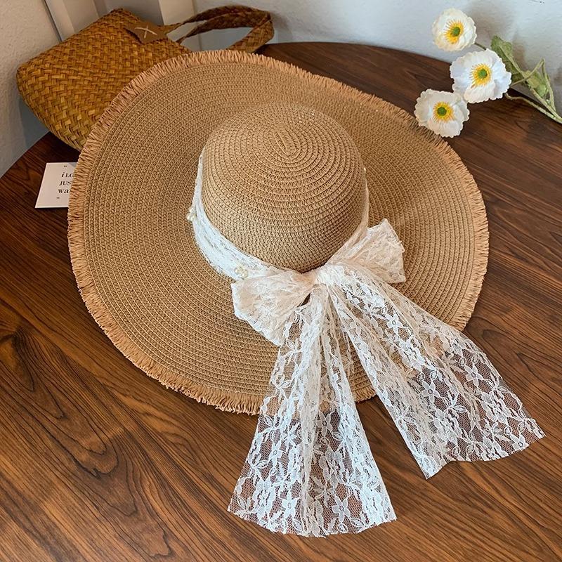 Lace Bow Straw Hat Women's Summer French Large Brim Sunscreen Hat Seaside Beach Vacation Sun Hat